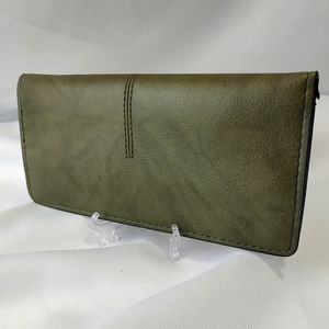 Olive Green Leather Long Credit Card Check Phone Wallet